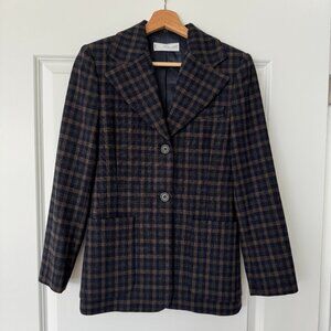 Mango Zara navy brown plaid single breasted wool blazer